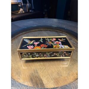Vintage Hand-Painted Wood & Glass Hummingbird Box‎